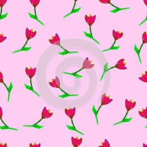 Floral seamless pattern.Â Hand painted tulips plum. Bright watercolorÂ illustration.Â Red flowers onÂ pink background.Â 